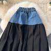 Jeansrock Damen Design Kontrastfarbe Patchwork Schwere Industrie Falten Langer Faltenrock Hohe Taille Schlankmachender A-Linienrock