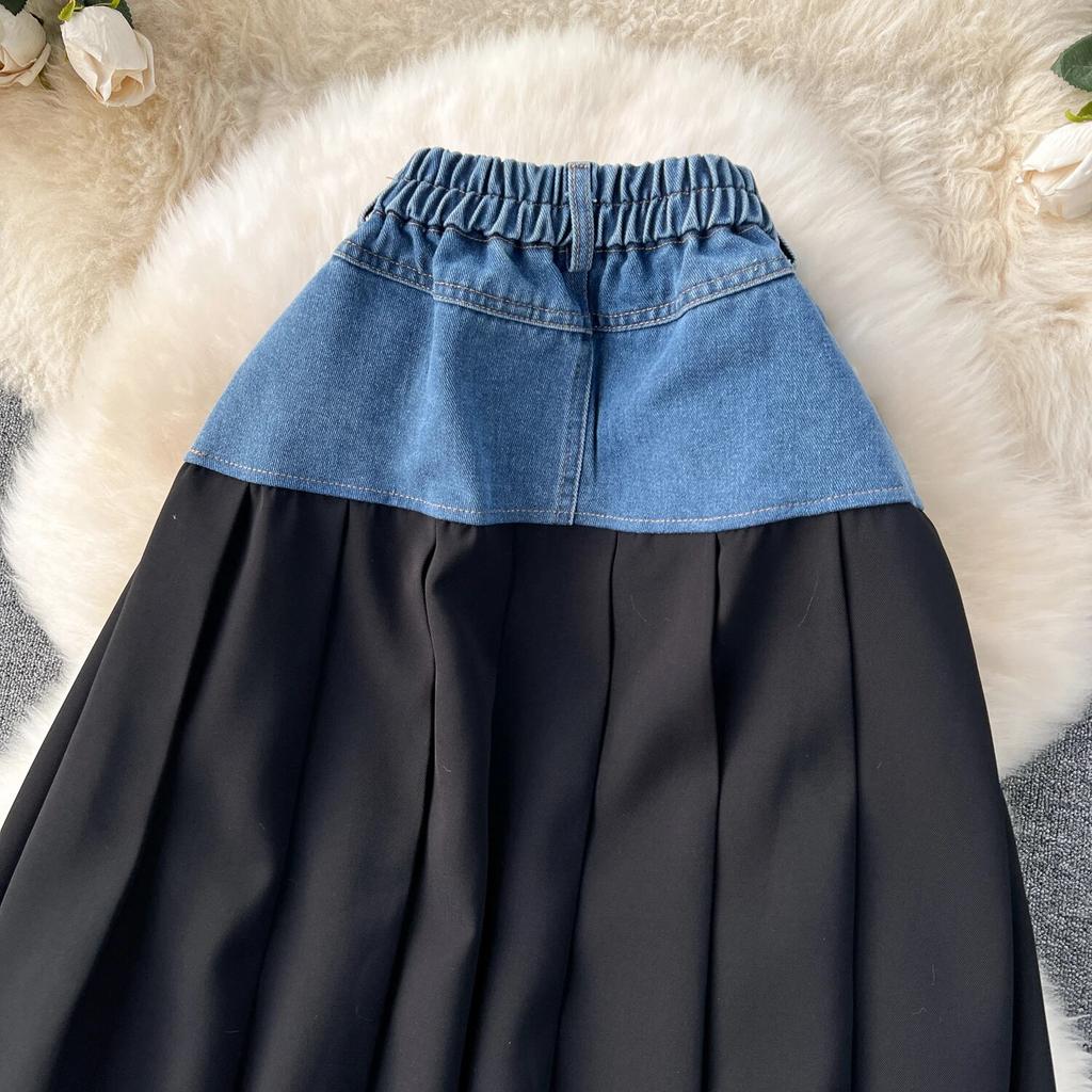Denim Skirt Women's Design Contrast Color Patchwork Heavy Industry Pleat Long Pleated Skirt High Waist Slimming A- line Skirt