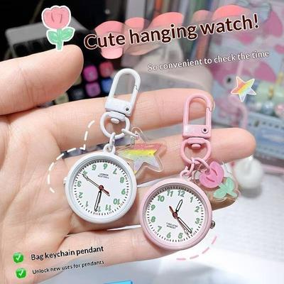 Silent Movement Exam Watch Alloy Case Leather Cover Pocket Watch Mini Size Reusable Design Keychain Watch Backpack Decoration