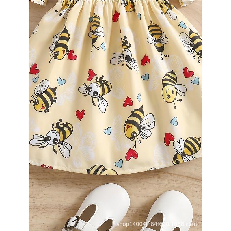 Modisches Prinzessinnenkleid für Mädchen Sommer Kinderkleid mit Bienenprint und süßem Hut