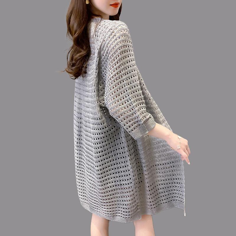 Summer Loose Thin Section Placket Women's Mid-length Knit Shirt New Hollow Shirt V-neck Sun Shawl Jacket