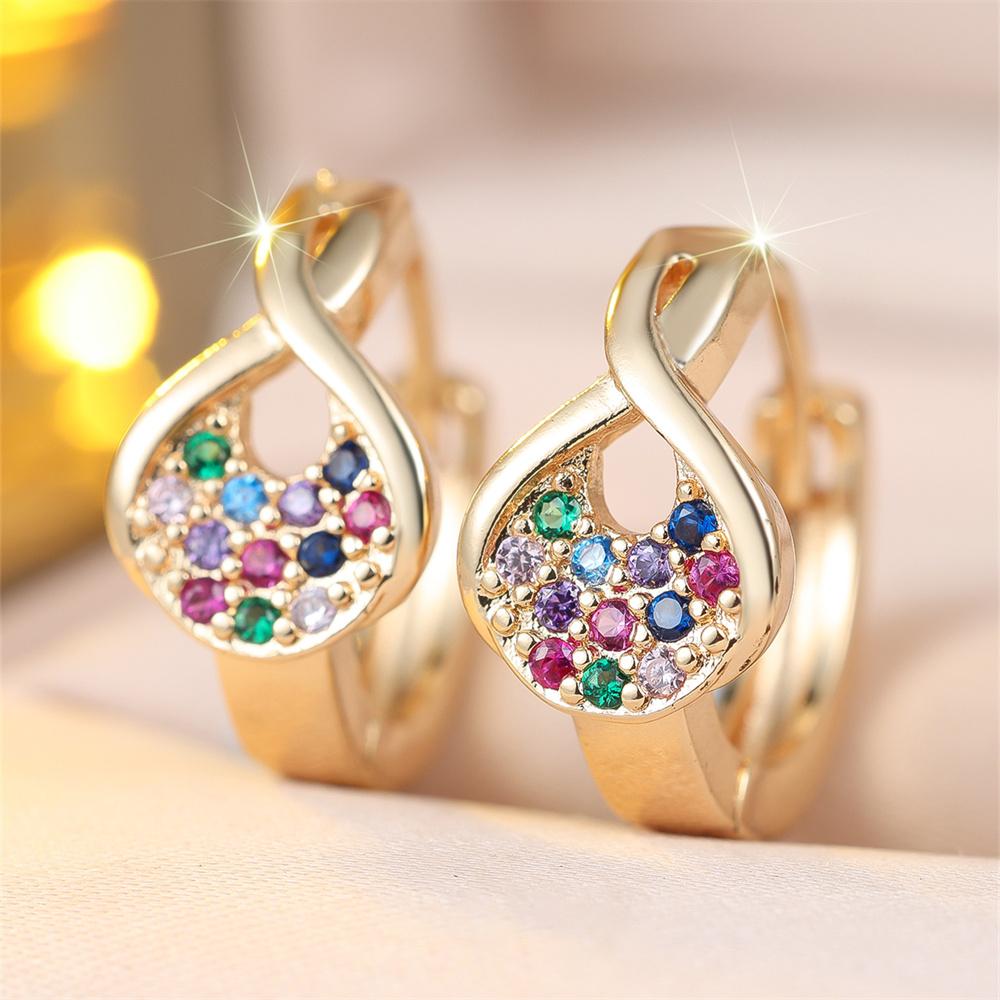 Geometric Small Stone Rainbow Crystal Hoop Earrings For Women Vintage Gold Silver Color Ear Buckle Wedding Jewelry Bridal Gifts
