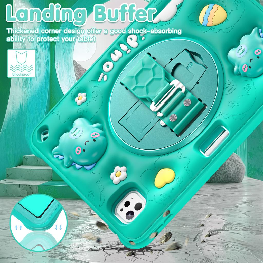 For iPad Pro 11 (2024) Case Cartoon Dinosaur Hand Strap Kickstand PC+Silicone+TPU Cover