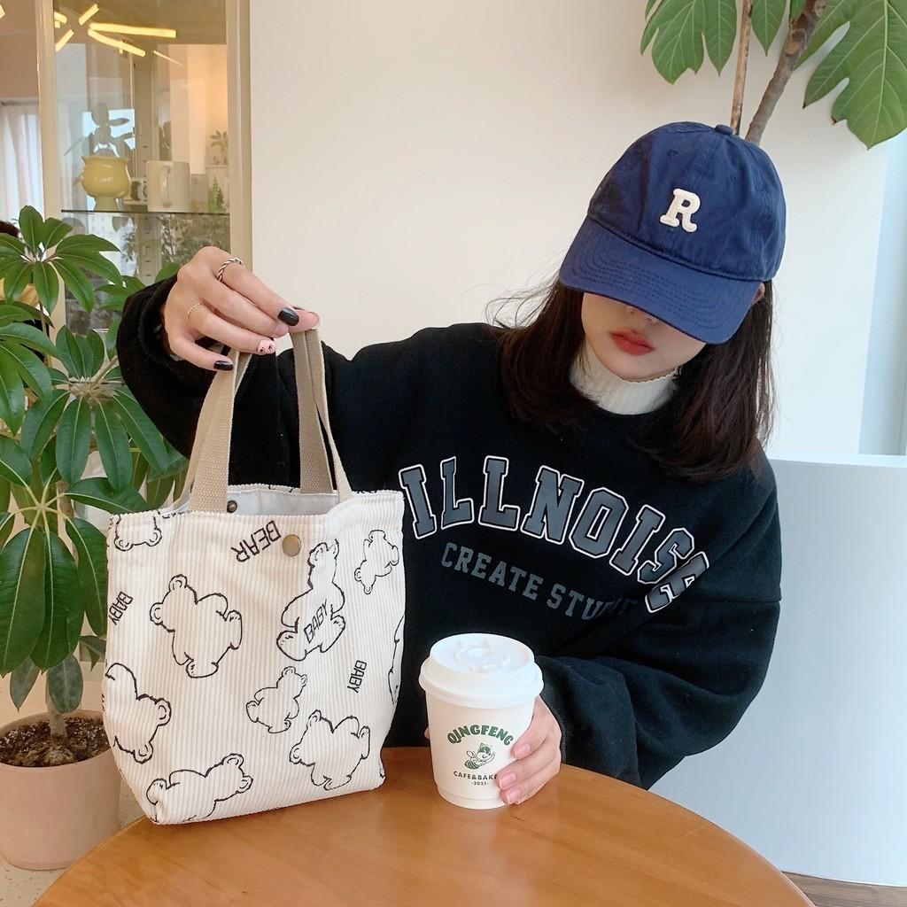 Vintage Baby Bear Corduroy Lunch Tote Bag Portable Large Capacity Storage Bag