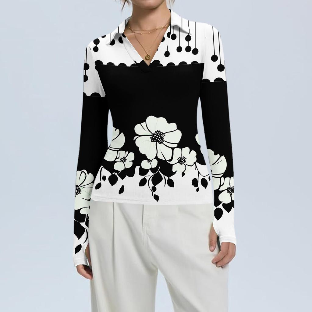 Women's Fashion Casual Print V-Neck Long Sleeve Button-Down Top