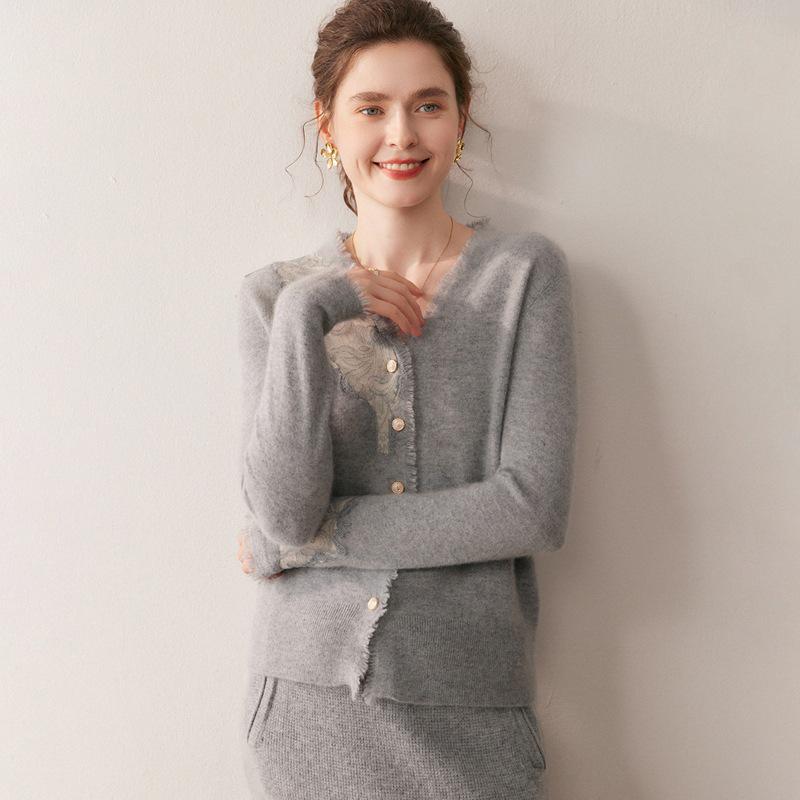2025 A/W Women's V-neck Lace Cashmere Cardigan Sweater - Solid Color, Loose Fit