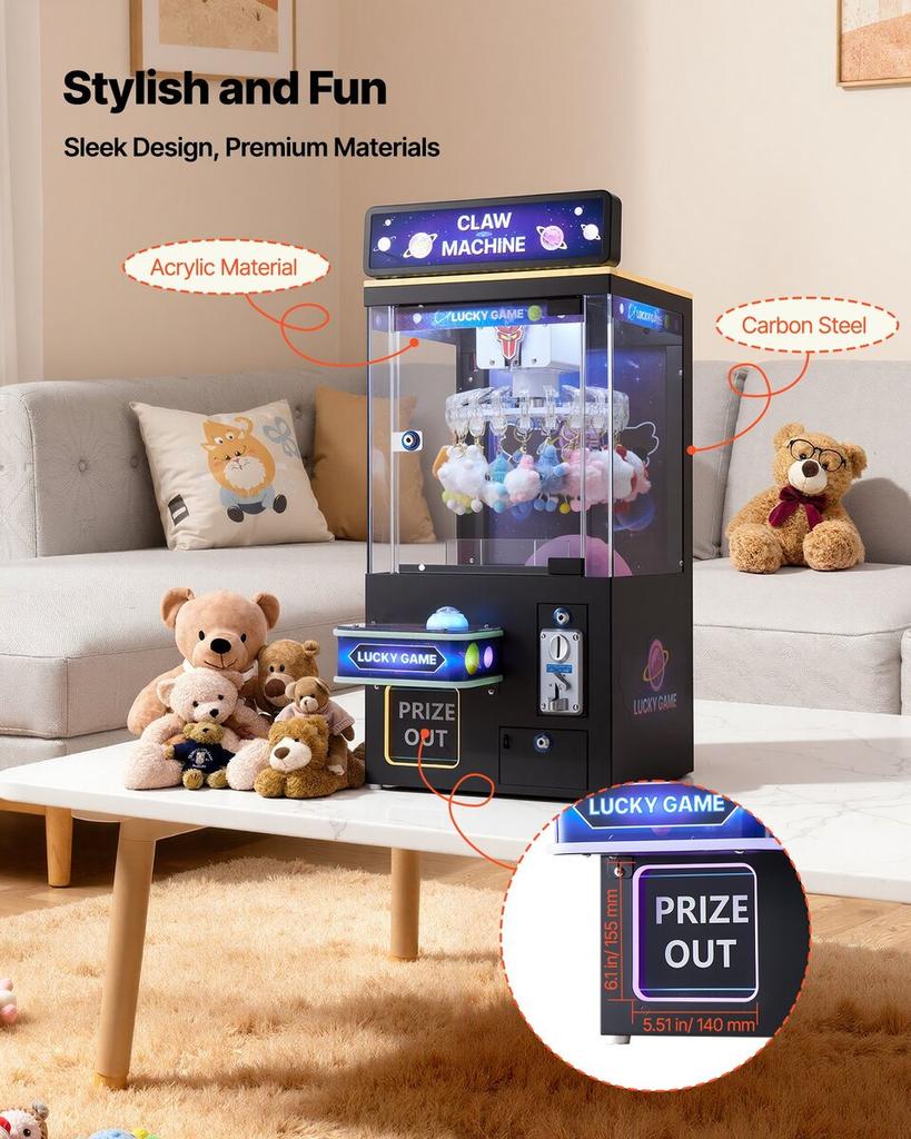 Claw Crane Machine, Medium-Sized Arcade Game Machine with Light & Sound, Adjustable Difficulty, Precise Toy Candy Grabber Prize Dispenser Vending Toy,