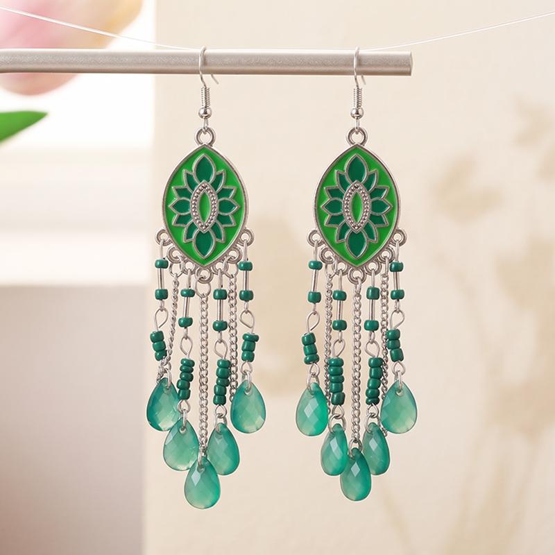 

Enamel Flower Bohemian Water Drop Dangle Earrings for Women Ethnic Temperament Long Charm Earrings Vacation Casual Jewelry Gift зелёный