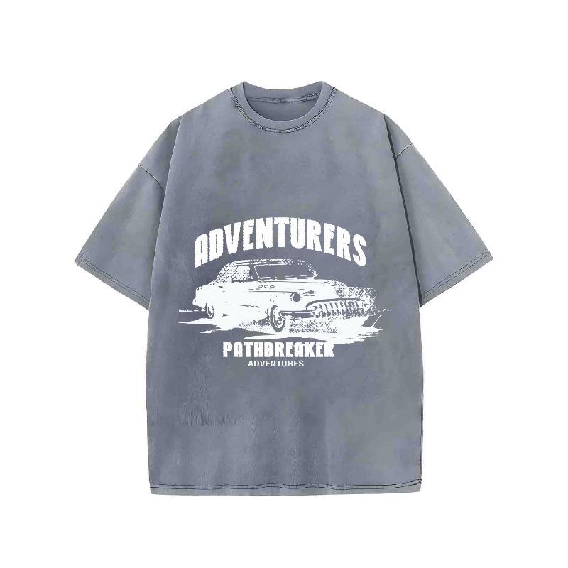 Vintage Washed Graphic T - Shirt for Men Oversized Crew Neck Short Sleeve 'Adventurers Pathbreaker' Retro Car Printed Top Casual Daily Wear