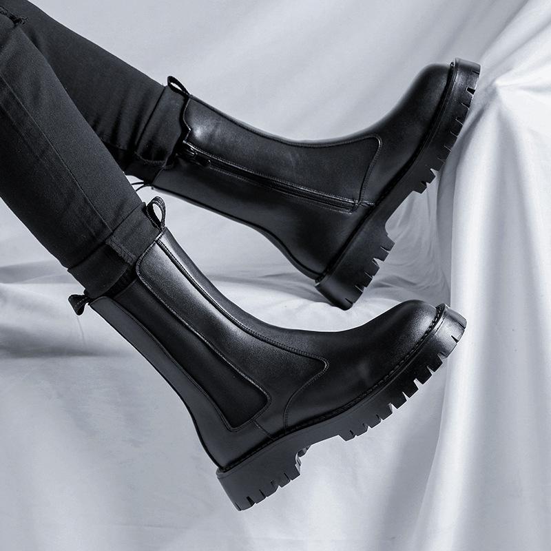 Autumn/Winter Men's High-Top Slip-On Chelsea Boots - Thick-Sole Outdoor Casual Leather, British Style Fashion.