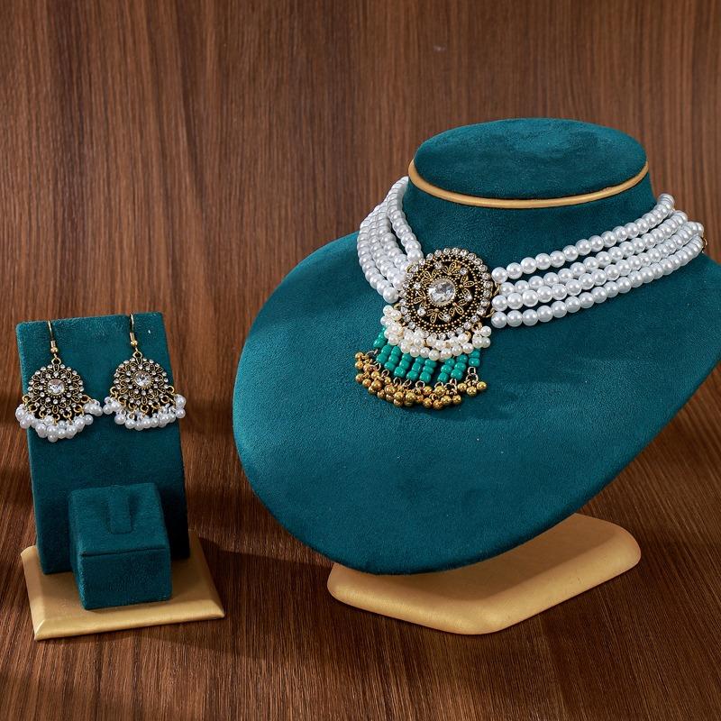Multi-layered pearl necklace, rice bead tassel earrings, retro bohemia ethnic style jewelry