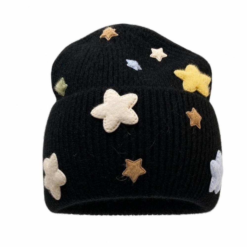 3D Star Knitted Beanie Hat Acrylic Blend Wool Knit Cap Fashion Fuzzy Beanie  For Women