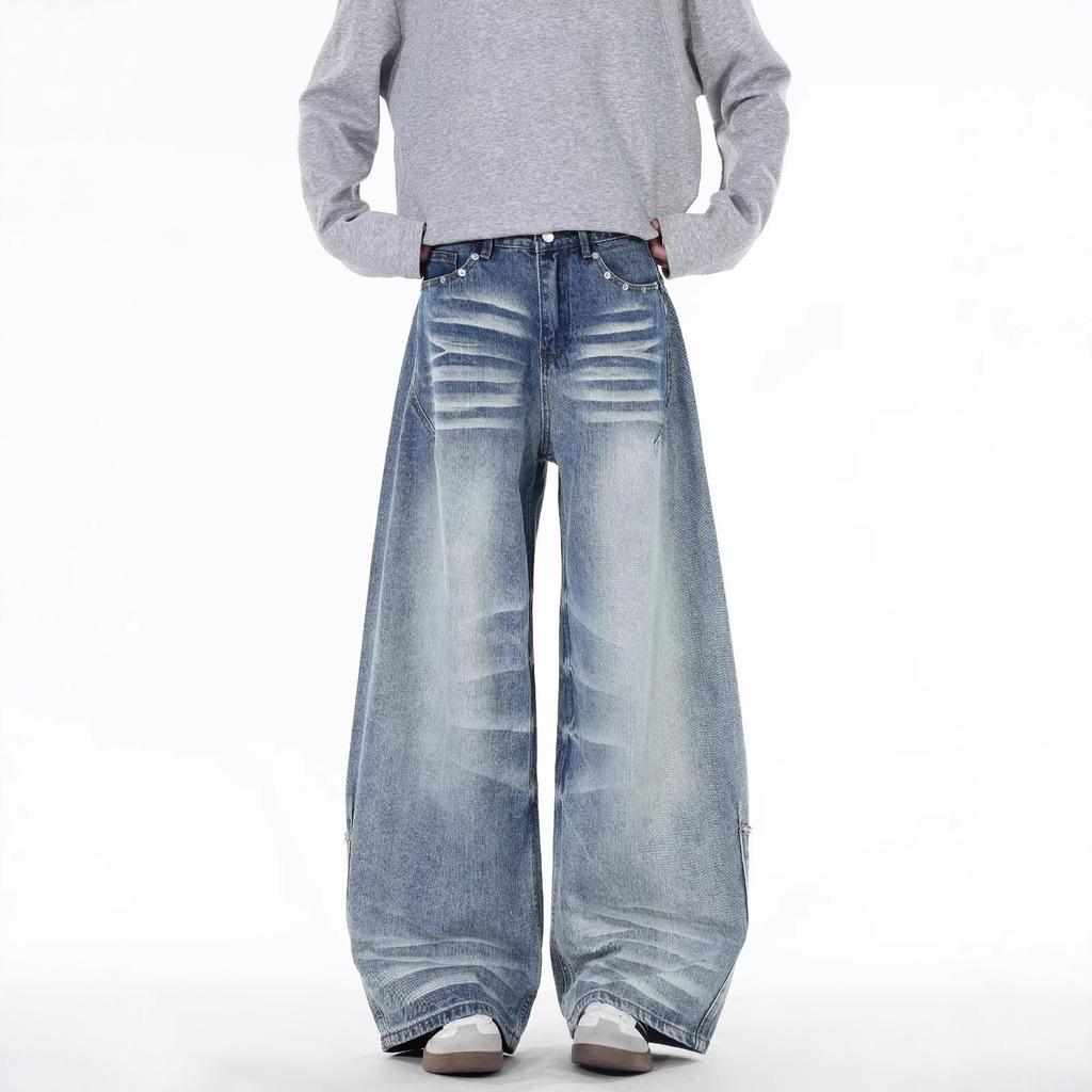 Vintage Washed Blue Cat Whisker Curved Knife Jeans for Men and Women, Slightly Flared Loose Wide-leg Floor-length Scythe Pants, Straight-leg Harem