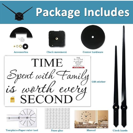 Mintime Large Wall Clock 3D Clock Hands with Clock Mechanism & Wall Sticker Wall Decorations for Livingroom House Office