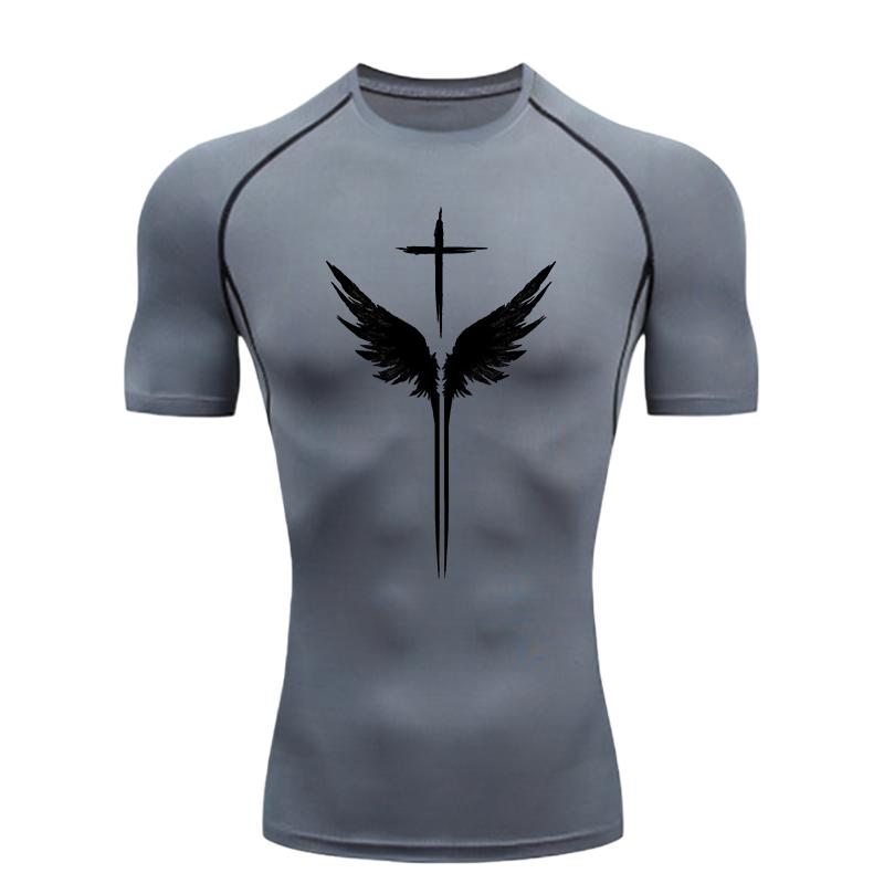 Cross and Wings Patterned Pattern Men Sports T-shirt Training Fitness Compression Rashgard Tops Jogging T-shirt Workout T-Shirt
