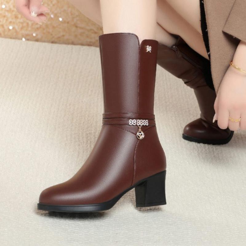 Women's Mid-calf Boots, Women's Boots, Middle-aged Cotton Boots, Soft-soled Fleece-lined Leather Shoes, Autumn and Winter Boots
