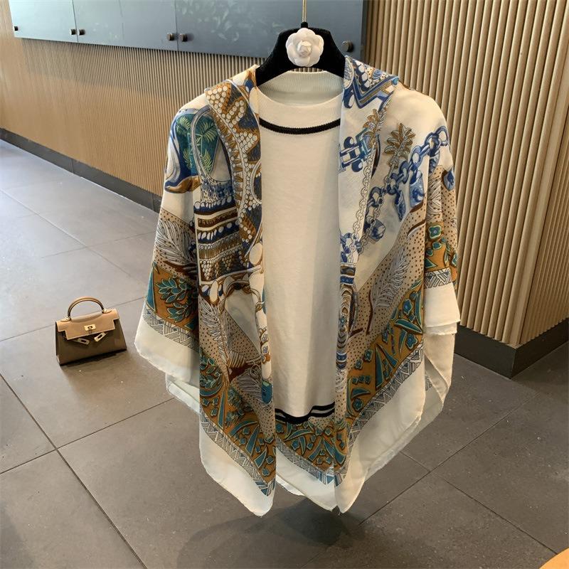 Small plaid linen scarf women's summer new sunscreen large square scarf thin silk scarf with shawl
