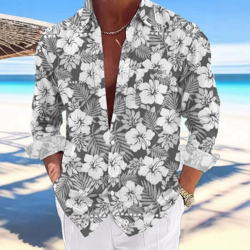 Herren Geblümt Langarmshirt Locker Leicht Strandurlaub Knopfleiste Oberteile