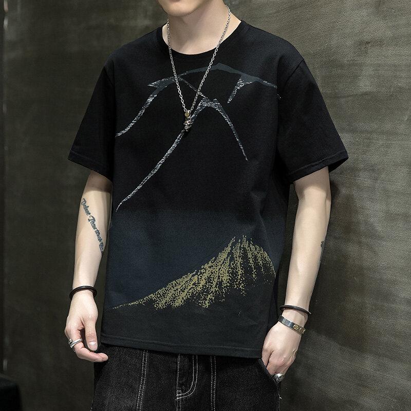 Новая минималистичная и модная универсальная летняя мужская футболка с круглым вырезом и принтом модные повседневные свободные хлопковые топы с короткими рукавами 4XL 1809₽