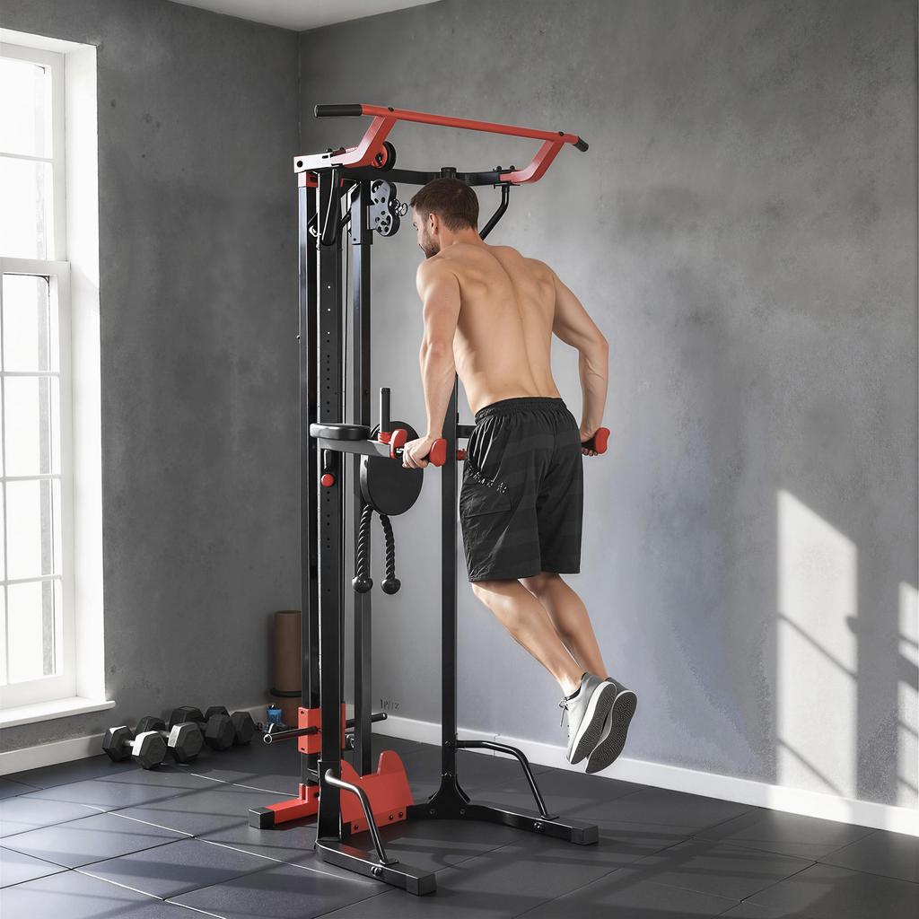 Power Tower with Lat Pull Down Machine, Pull Up Bar, Dip Station, Adjustable Height Power Pack for Home Gym