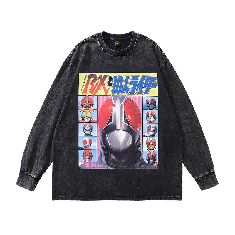 Trendy Brand Harajuku Y2K Cartoon Print Washed Long-Sleeved T-Shirt Men'S Oversize Retro Couple Bottoming Top