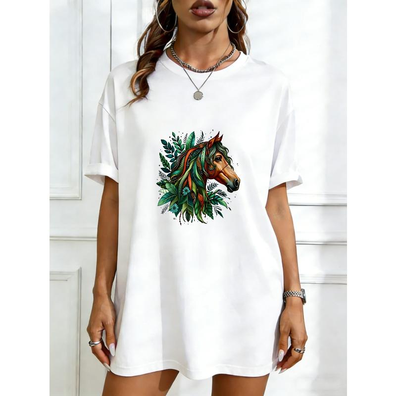 

Oversized T Shirt Black Horse And Floral Print Graphic Tee For Casual Wear And Street Style XXXXL білий