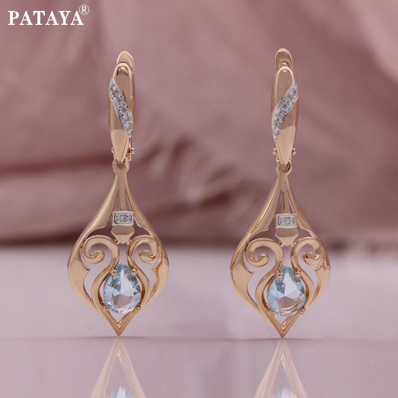 PATAYA Classical Rose Gold Color Green Light Blue Artificial Zircon Earring Ring Pendant  Necklace Combination Set