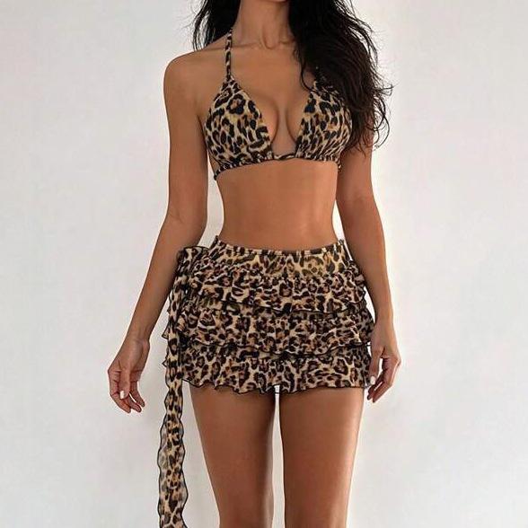 Evropský a Americký Bikini Třídílný Plavky Sexy Šněrování za Krk Skládaná Sukně Rozdělené Bikini Plavky do Horkých Pramenů
