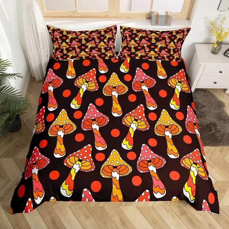 Cute Mushroom Duvet Cover Set Microfiber Hippie Theme Exotic Plant Mushrooms Bedding Set Kawaii Fungus Comforter Cover Twin King