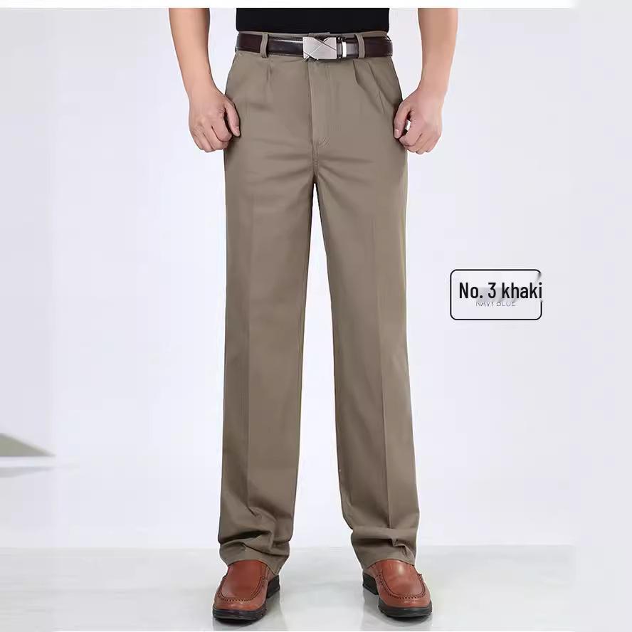 Pantaloni Casual de Vară din Bumbac cu Croială Largă pentru Bărbați - Talie Înaltă, Picior Drept, Cu Pliuri Duble pentru Bărbați de Vârstă Mijlocie și Vârstnici