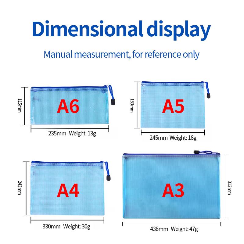 A3 A4 A5 A6 Portable Zipper File Bag Transparent Single-layer Mesh Student Test Paper Data Storage Bag Office Files Stationery