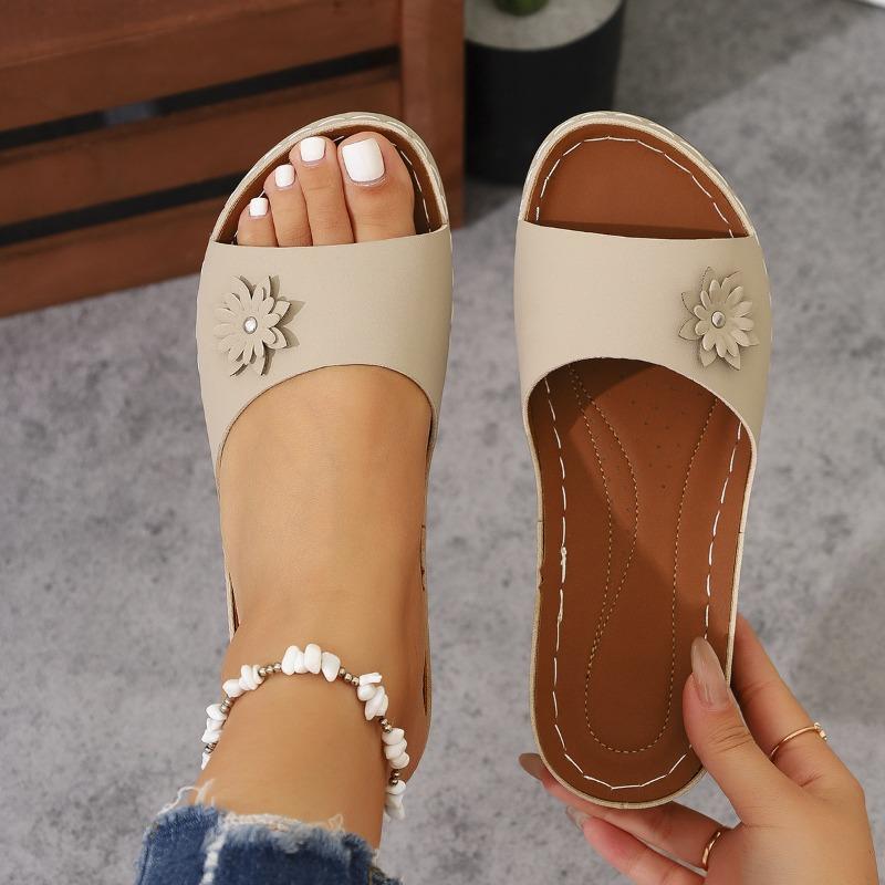 

Летние новые шлепанцы на танкетке с цветком и открытым носком большого размера, с отстрочкой, женские повседневные сандалии 43 хаки