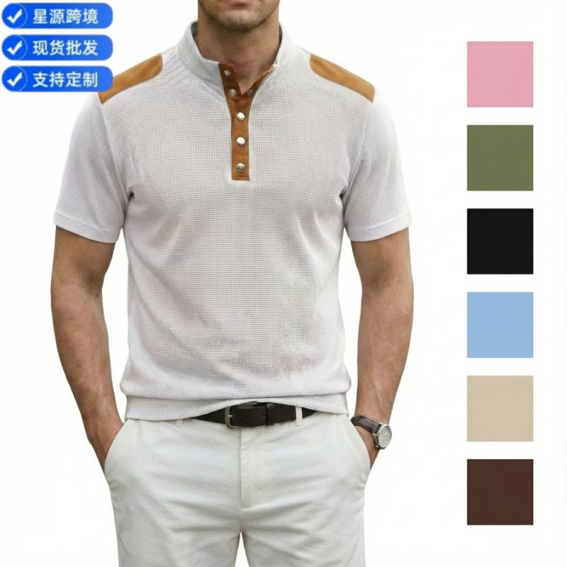 Mens Waffle Knit Henley Collar Short Sleeve Polo Shirt S белый