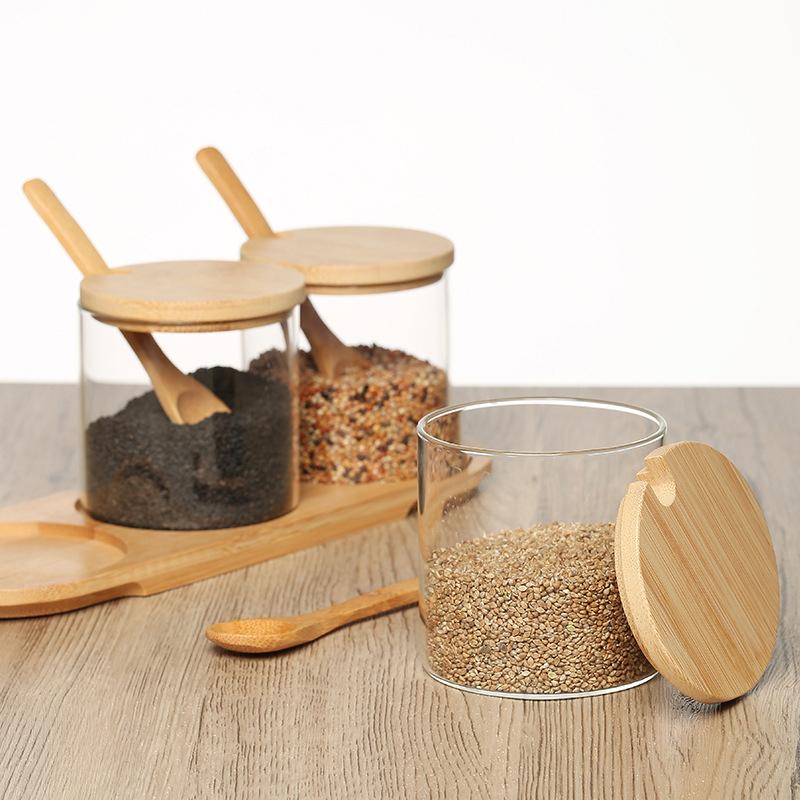 Glass Spice Jars with Bamboo Spoon 3pcs Seasoning Container Set Sugar Salt Pepper Organizer Condiment Bottles with Storage Base