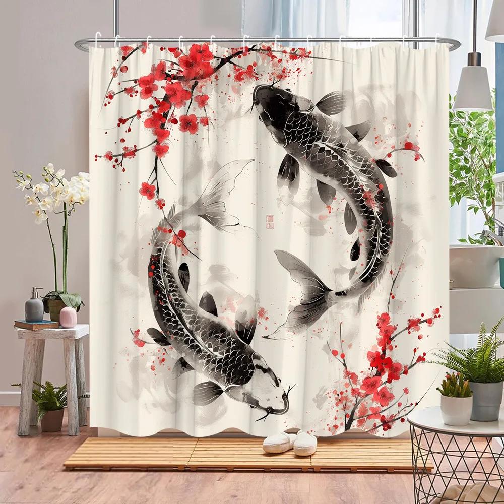 Koi Shower Curtain Asian Landscape Cherry Blossom Plant Pond Lotus Leaf Ink Painting Art Polyester Fabric Bathroom Decor Curtain