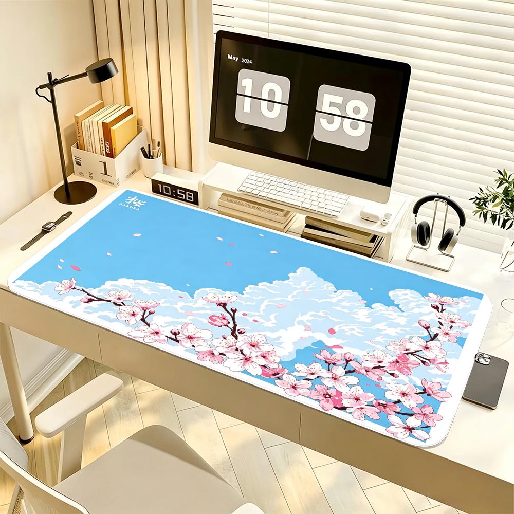 Cherry Blossom Theme MousePad Large Computer Office Game Table Mat Rubber Anti-slip Stitched Keyboard Mat 90x40 XXL Desk Pad