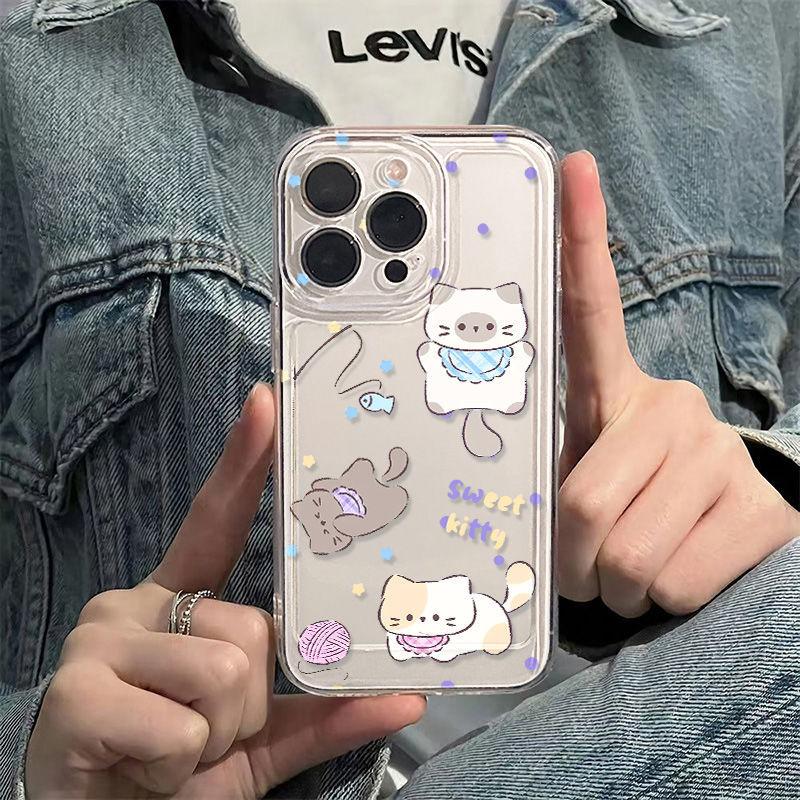 Cartoon cute cat for iPhone17promax Apple 16 mobile phone case 14/13 fine hole 15 transparent