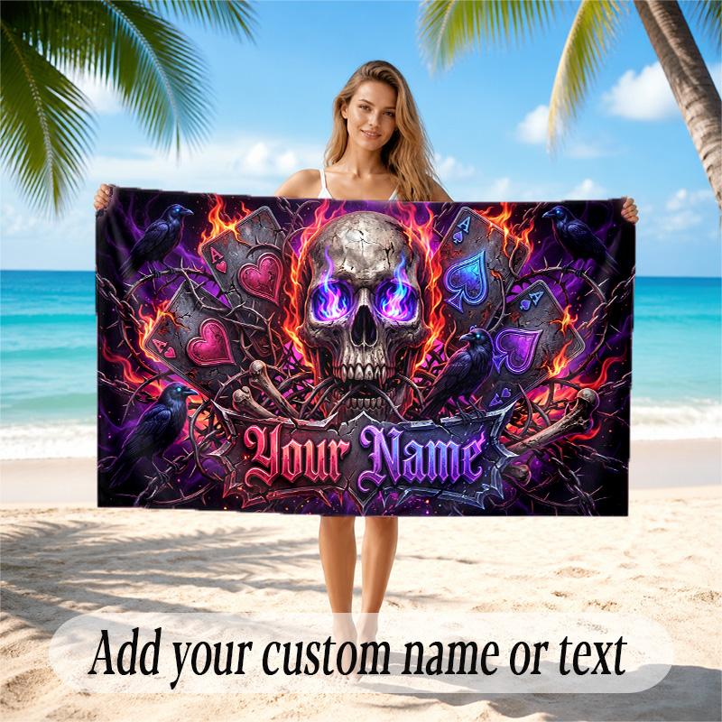Skull Gothic Theme Quick Dry Beach Towel Custom Name Text Print Large Sand Resistant Towel Beach Vacation