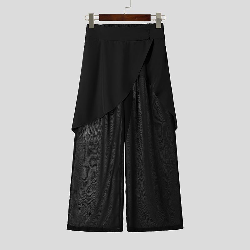 INCERUN Men Elastic Waist Wrap Mesh Sheer Beach Loose Long Pants Trousers S