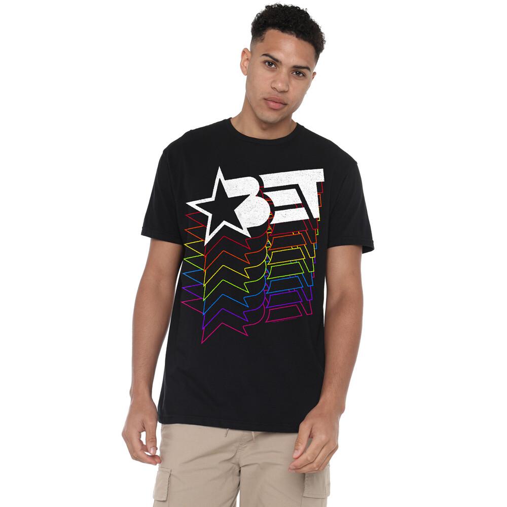 Bet Logo Cascading Rainbow T-Shirt S-2XL, Black Unisex T-Shirt S