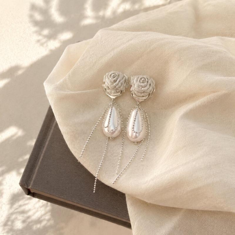 Women French Style Elegant Rose Flower Pearl Tassel Dangle Earrings