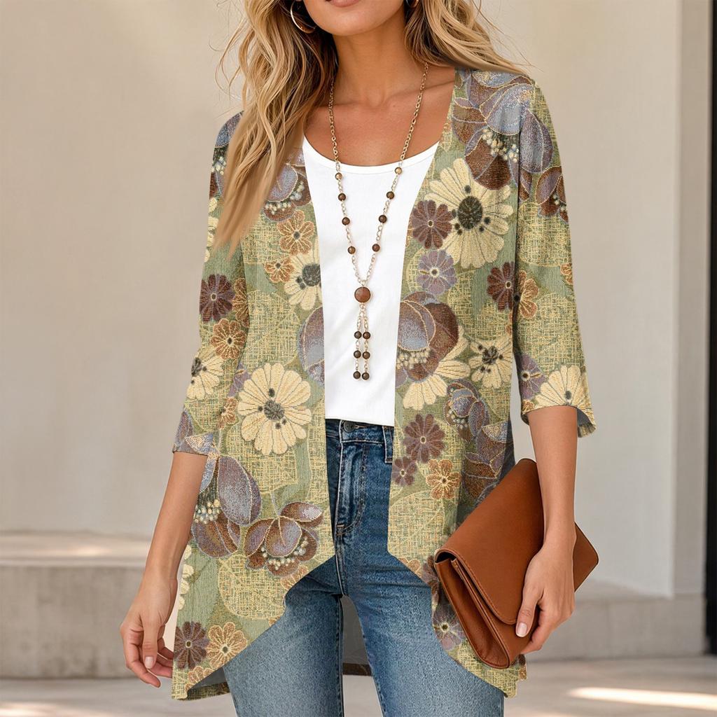 Damen Vintage Cardigan mit Blumendruck, Dreiviertelärm, Lässiger lockerer Schnitt, Leicht für Frühling Sommer