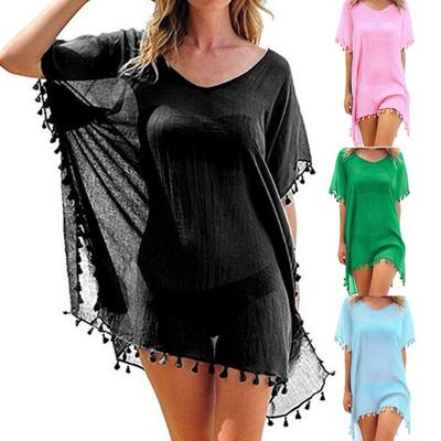 Swimsuit Cover Up Solid Color Loose Bikini Dress See-through Tassel for Holiday EMA