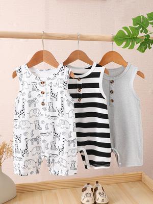 Baby Sleeveless Romper Summer Cartoon Stripe Infant Tank Jumpsuit