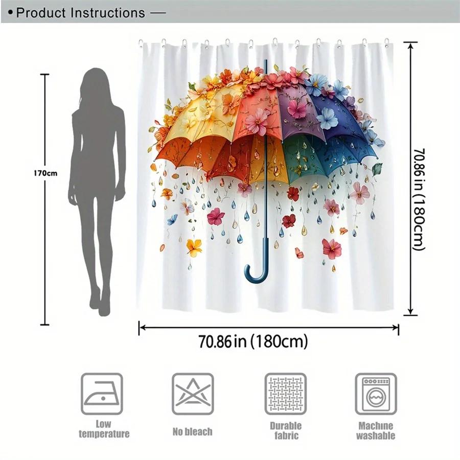 1pc Vibrant Multicolored Umbrella with Floral & Raindrop Design Shower Curtain, Whimsical Elegance, 70.86x70.86in, 12 Hooks, P