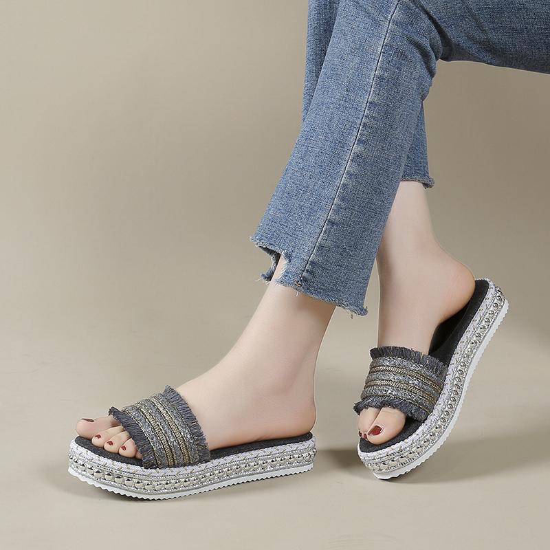 Jeansmode tofflor damskor sommar nya tofflor med öppen tå platt golv-topp damskor