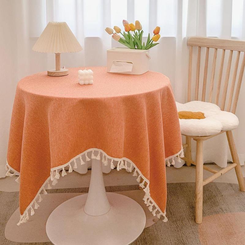 Fringed Linen Tablecloth - Rustic Round Table Cover for Study Desk, Tea Table, Dining & Aesthetic Decor