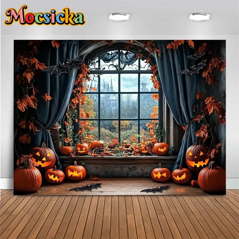 Mocsicka Halloween Backdrop For Photography Fall Pumpkin Party Backgrounds Autumn Leaf Bat Home Window Castle Decorations Banner