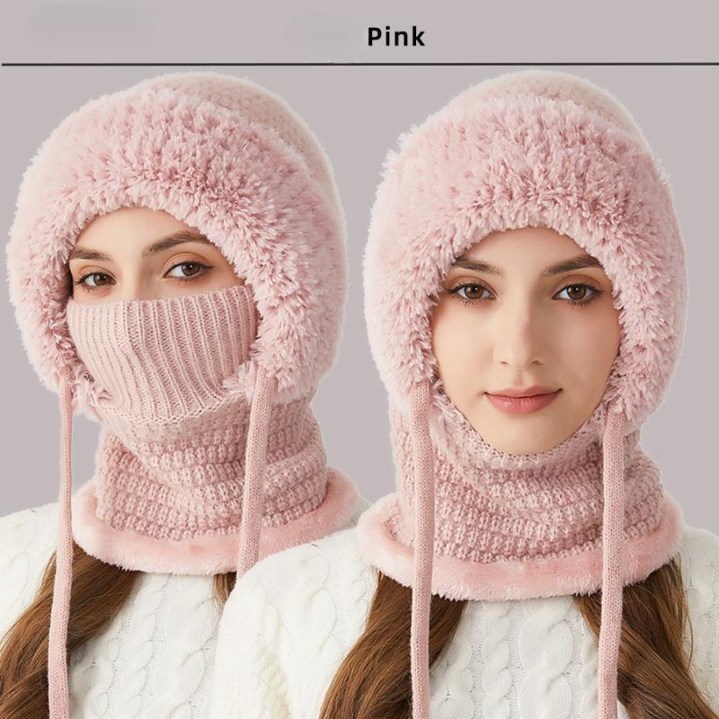 One-piece hat plus velvet thickened face-covering knitted hat, bib, mask, warmth kit