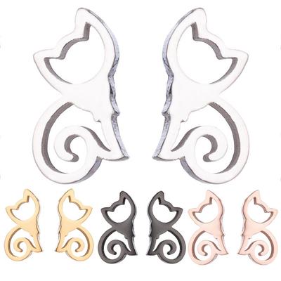 Minimalist Hollow Cat Stainless Steel Stud Earrings Cute Animal Women Jewelry